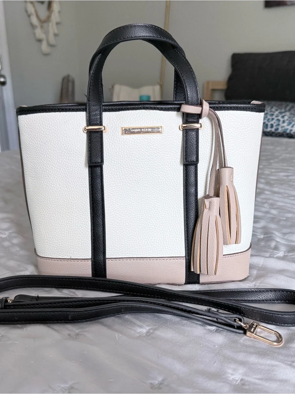 Anne Klein Colorblock Pebbled Tote in Black, White, Cream
